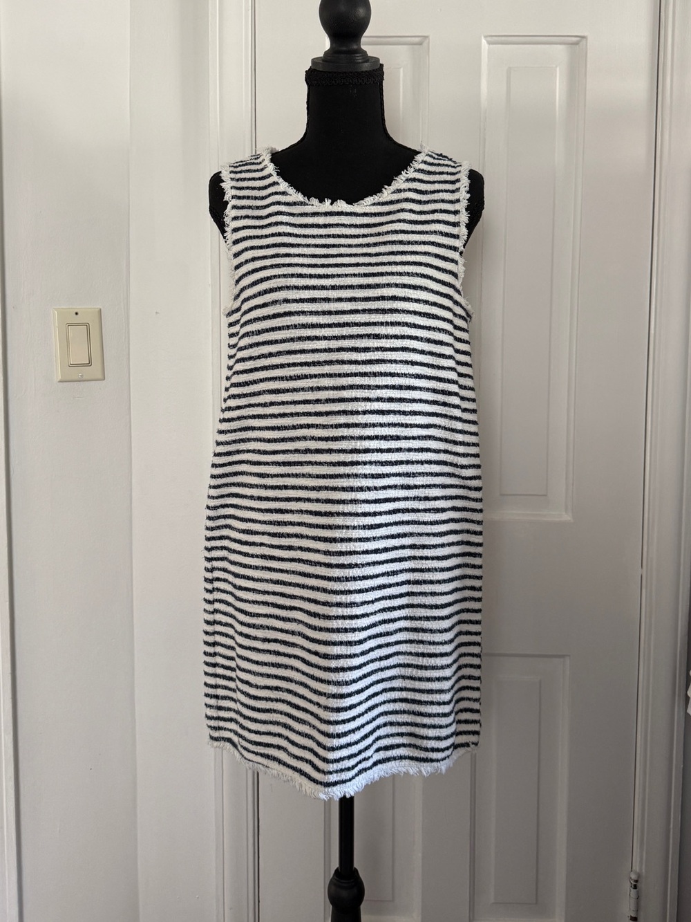 Sleeveless Blue & White Striped Shift Dress